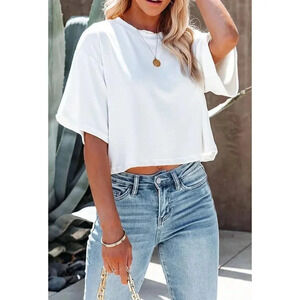 Women's White Half Sleeve Round Neck Casual Summer Basic Tees T-Shirt
